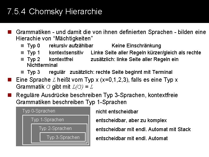 7. 5. 4 Chomsky Hierarchie n Grammatiken - und damit die von ihnen definierten