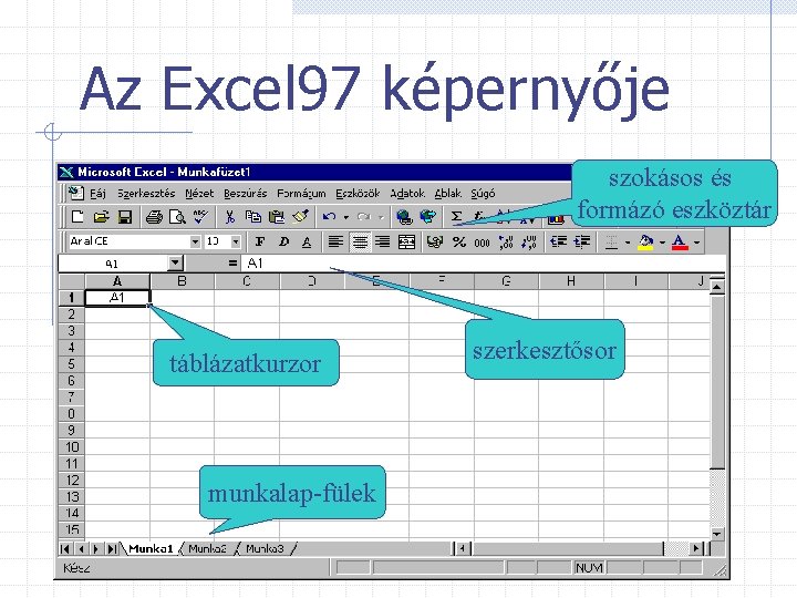 Az Excel 97 képernyője szokásos és formázó eszköztár táblázatkurzor munkalap-fülek szerkesztősor 