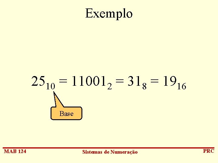 Exemplo 2510 = 110012 = 318 = 1916 Base MAB 124 Sistemas de Numeração