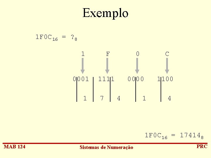 Exemplo 1 F 0 C 16 = ? 8 1 0001 1 F 0