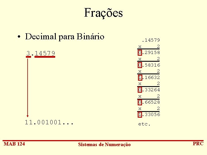 Frações • Decimal para Binário 3. 14579 11. 001001. . . MAB 124 .