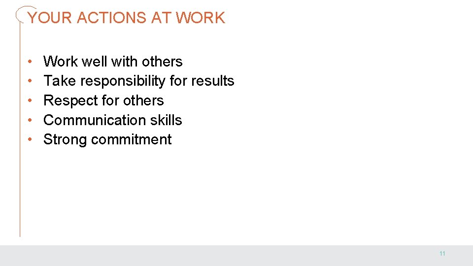 YOUR ACTIONS AT WORK • • • Work well with others Take responsibility for