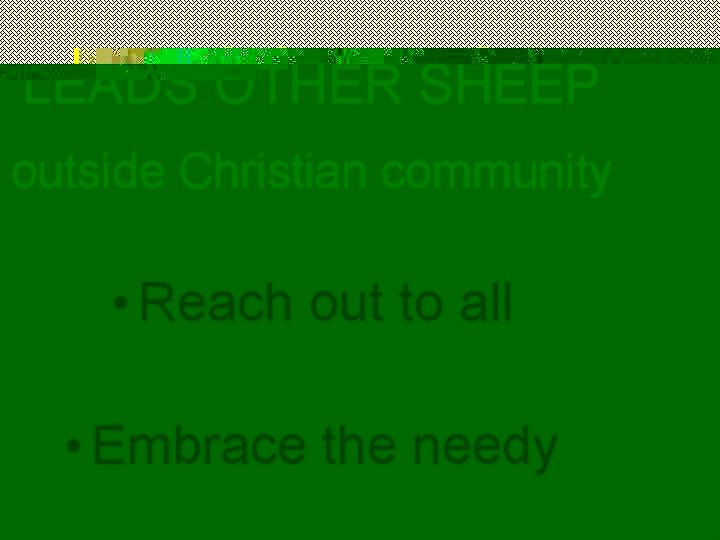 LEADS OTHER SHEEP outside Christian community • Reach out to all • Embrace the