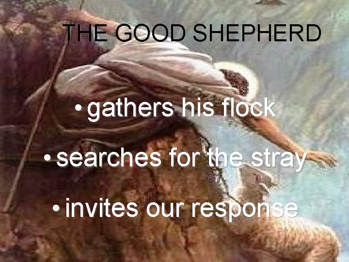 THE GOOD SHEPHERD • gathers his flock • searches for the stray • invites