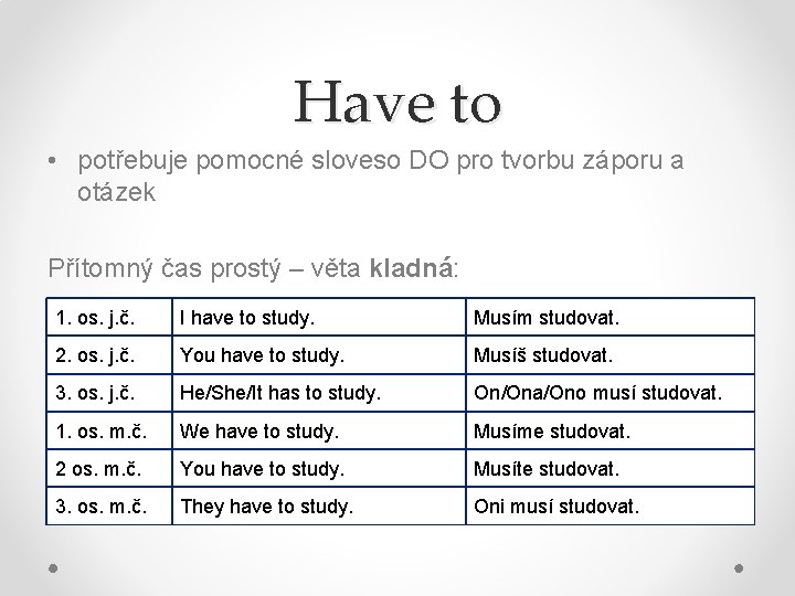 Have to • potřebuje pomocné sloveso DO pro tvorbu záporu a otázek Přítomný čas