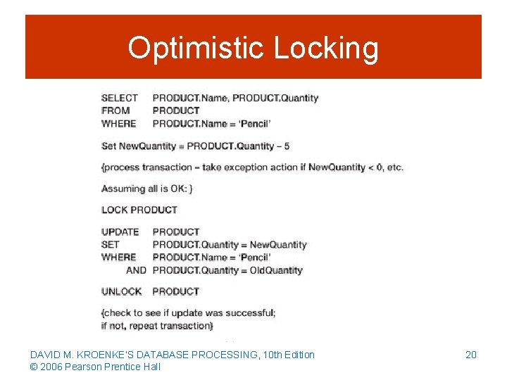 Optimistic Locking DAVID M. KROENKE’S DATABASE PROCESSING, 10 th Edition © 2006 Pearson Prentice