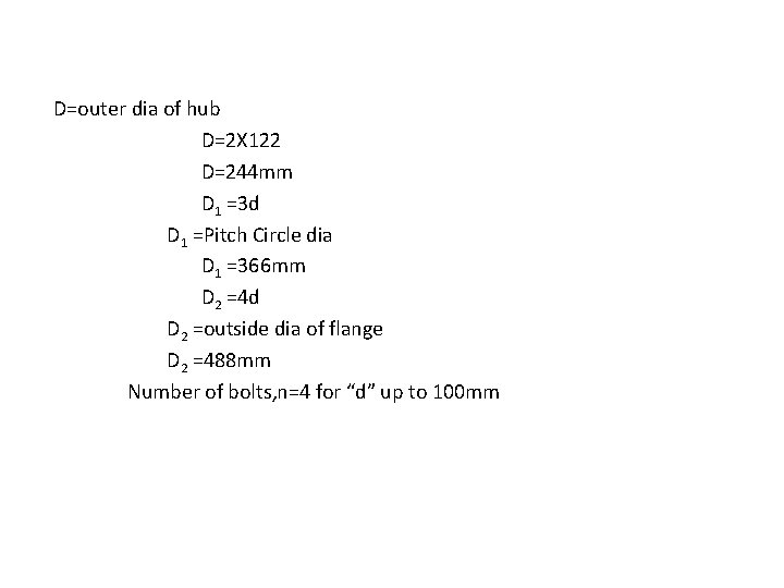 D=outer dia of hub D=2 X 122 D=244 mm D 1 =3 d D