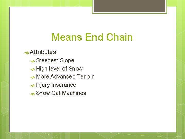 Means End Chain Attributes Steepest Slope High level of Snow More Advanced Terrain Injury