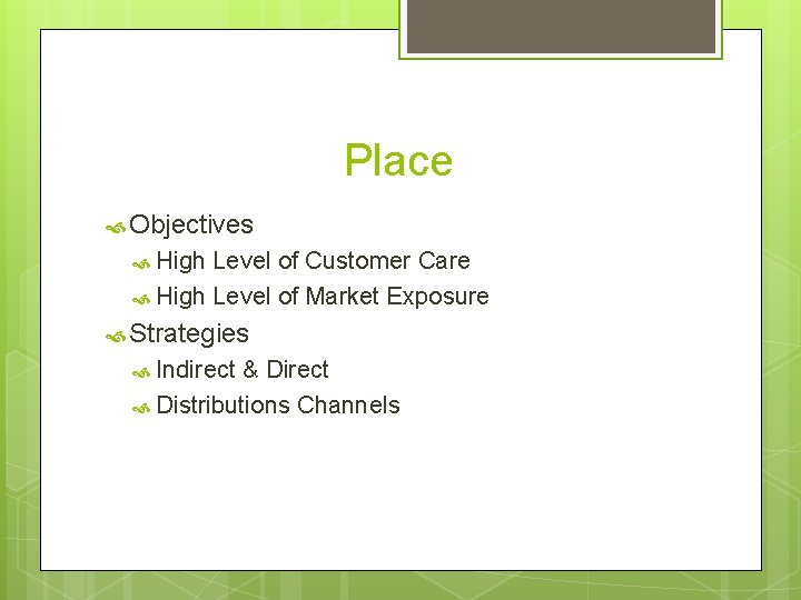 Place Objectives High Level of Customer Care High Level of Market Exposure Strategies Indirect
