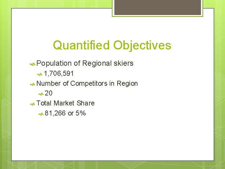 Quantified Objectives Population of Regional skiers 1, 706, 591 Number of Competitors in Region