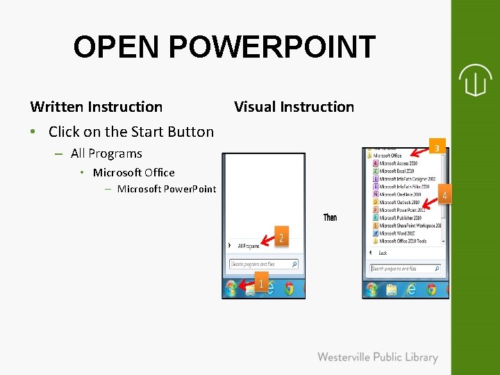 OPEN POWERPOINT Written Instruction Visual Instruction • Click on the Start Button – All