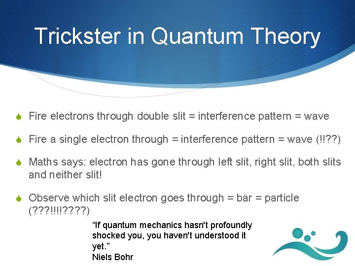 Trickster in Quantum Theory S Fire electrons through double slit = interference pattern =