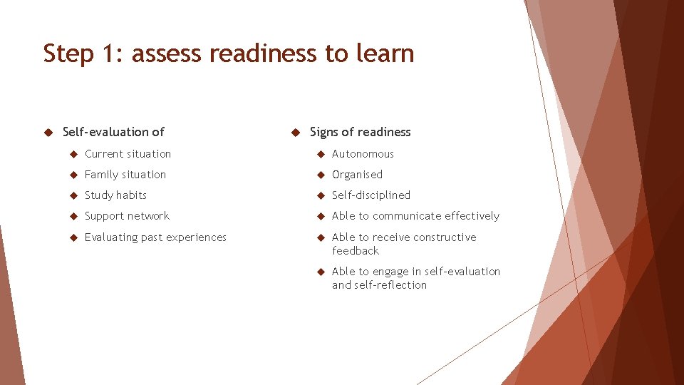 Step 1: assess readiness to learn Self-evaluation of Signs of readiness Current situation Autonomous