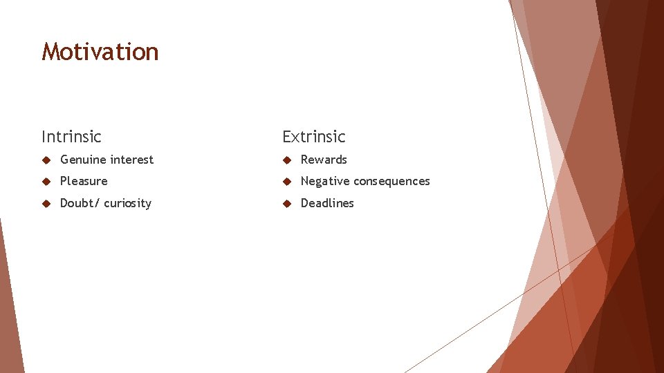 Motivation Intrinsic Extrinsic Genuine interest Rewards Pleasure Negative consequences Doubt/ curiosity Deadlines 