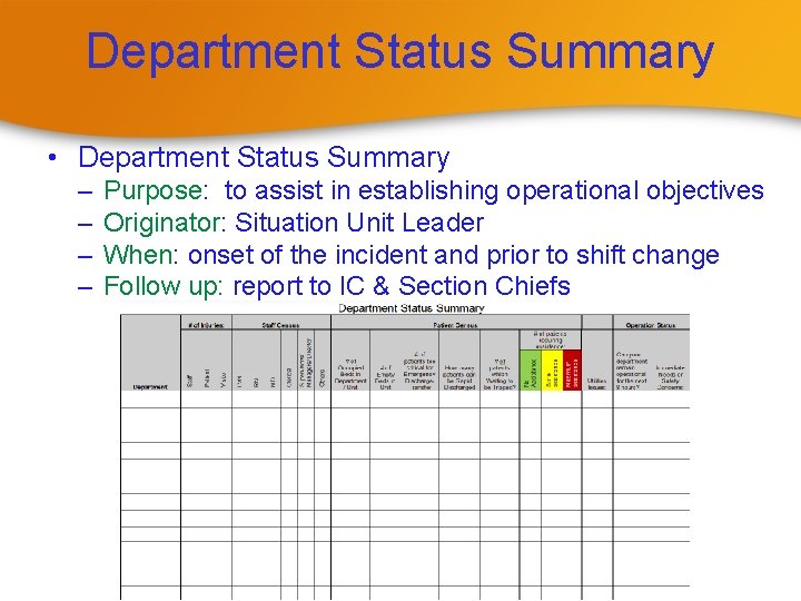 Department Status Summary • Department Status Summary – – Purpose: to assist in establishing