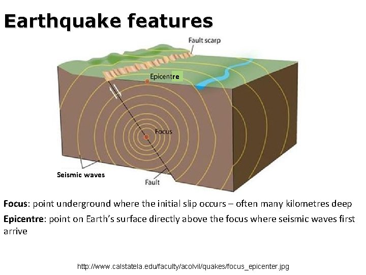 Earthquake features re Seismic waves Focus: point underground where the initial slip occurs –