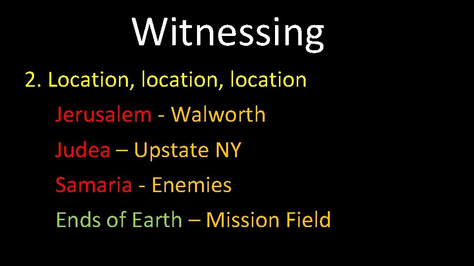 Witnessing 2. Location, location Jerusalem - Walworth Judea – Upstate NY Samaria - Enemies