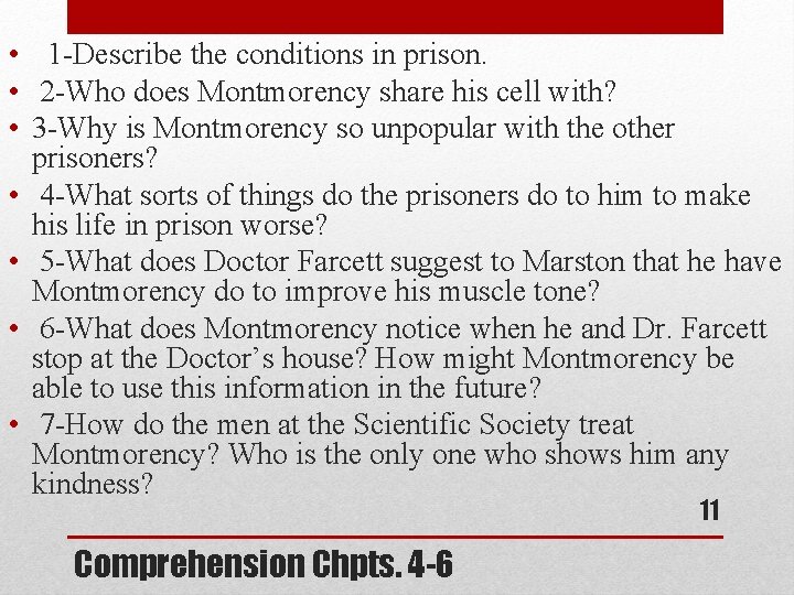  • 1 -Describe the conditions in prison. • 2 -Who does Montmorency share