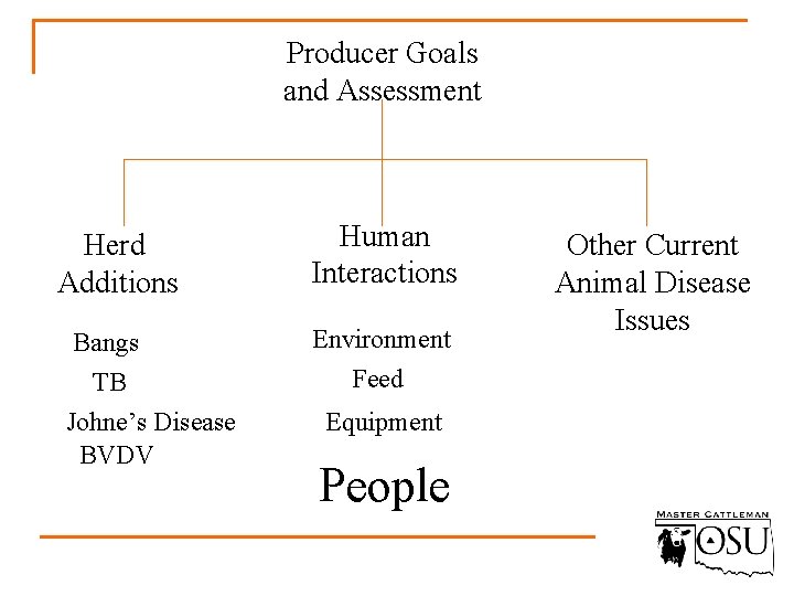 Producer Goals and Assessment Herd Additions Bangs TB Johne’s Disease BVDV Human Interactions Environment