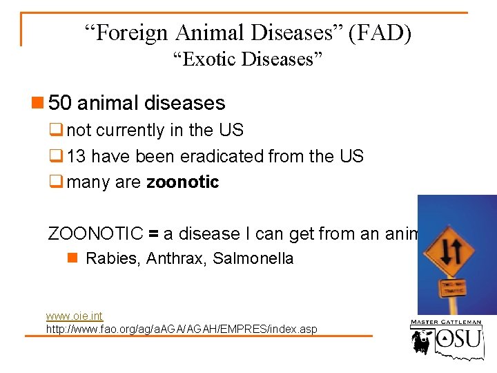 “Foreign Animal Diseases” (FAD) “Exotic Diseases” n 50 animal diseases q not currently in