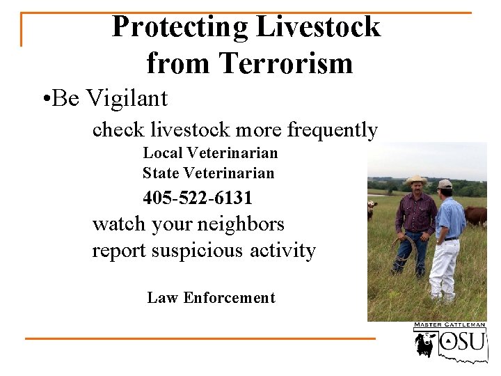 Protecting Livestock from Terrorism • Be Vigilant check livestock more frequently Local Veterinarian State