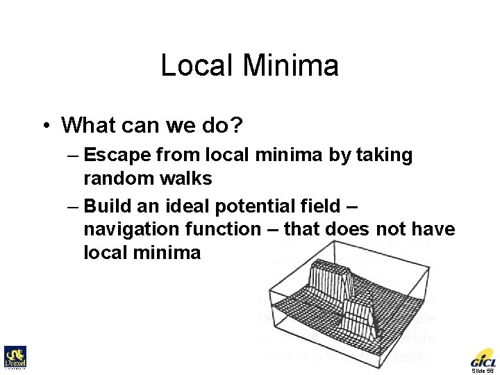 Local Minima • What can we do? – Escape from local minima by taking