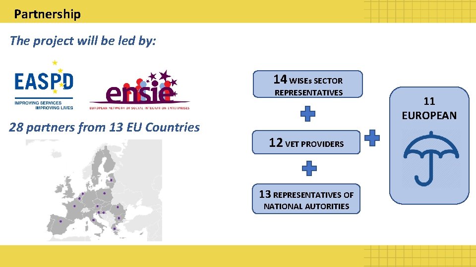 Partnership The project will be led by: 14 WISEs SECTOR REPRESENTATIVES 28 partners from