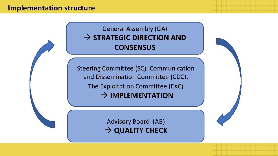 Implementation structure General Assembly (GA) STRATEGIC DIRECTION AND CONSENSUS Steering Committee (SC), Communication and
