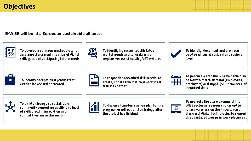 Objectives B-WISE will build a European sustainable alliance: To develop a common methodology for