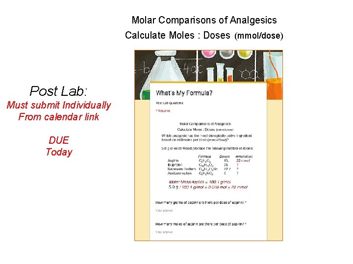 Molar Comparisons of Analgesics Calculate Moles : Doses (mmol/dose) Post Lab: Must submit Individually