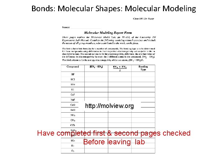 Bonds: Molecular Shapes: Molecular Modeling http: //molview. org Have completed first & second pages