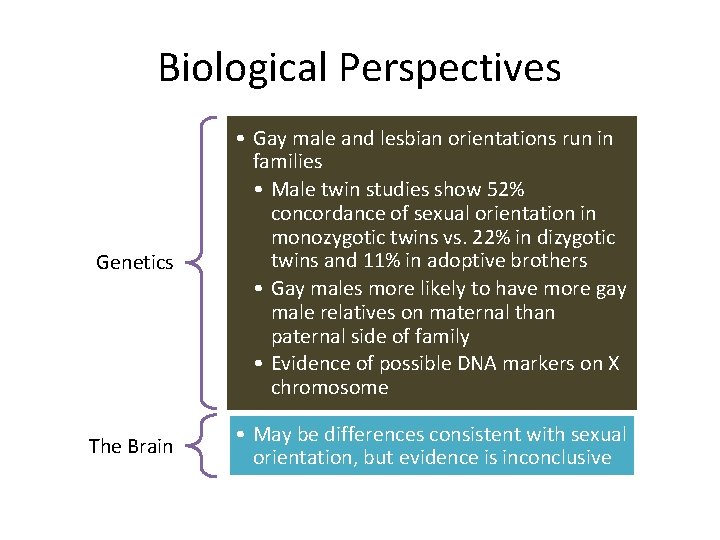 Biological Perspectives Genetics • Gay male and lesbian orientations run in families • Male