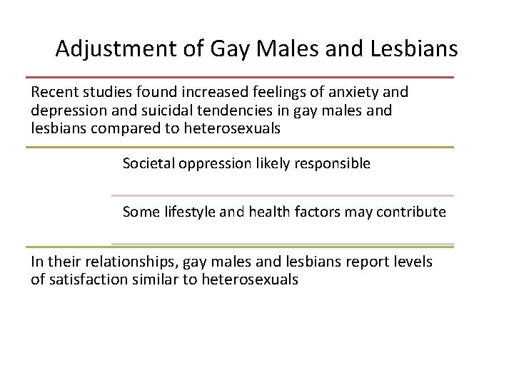 Adjustment of Gay Males and Lesbians Recent studies found increased feelings of anxiety and