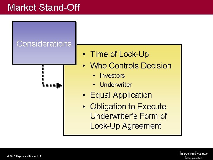 Market Stand-Off Considerations • Time of Lock-Up • Who Controls Decision • Investors •