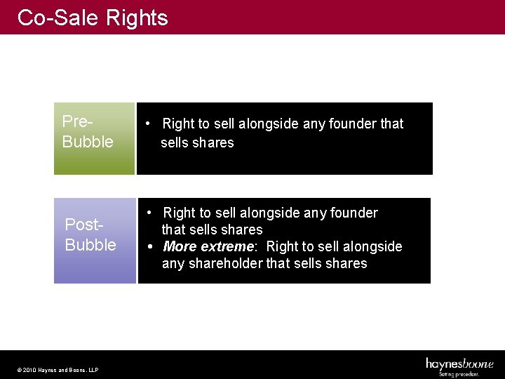 Co-Sale Rights Pre. Bubble • Right to sell alongside any founder that sells shares