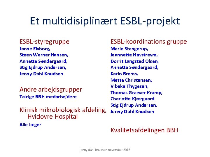 Et multidisiplinært ESBL-projekt ESBL-styregruppe ESBL-koordinations gruppe Janne Elsborg, Steen Werner Hansen, Annette Søndergaard, Stig