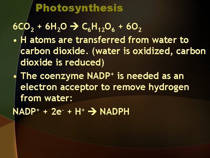 Photosynthesis 6 CO 2 + 6 H 2 O C 6 H 12 O