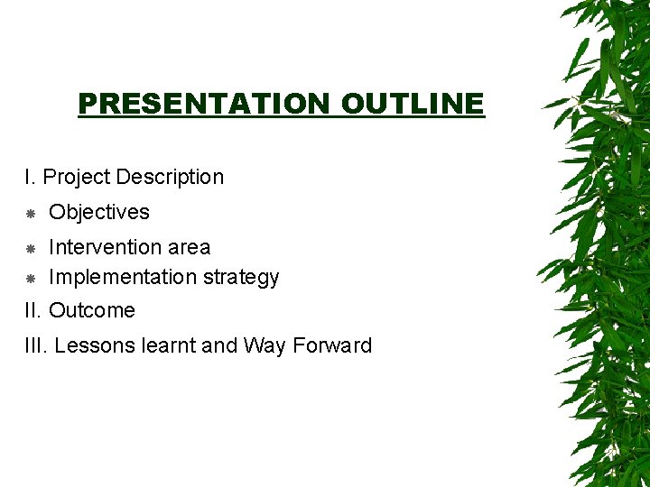 PRESENTATION OUTLINE I. Project Description Objectives Intervention area Implementation strategy II. Outcome III. Lessons