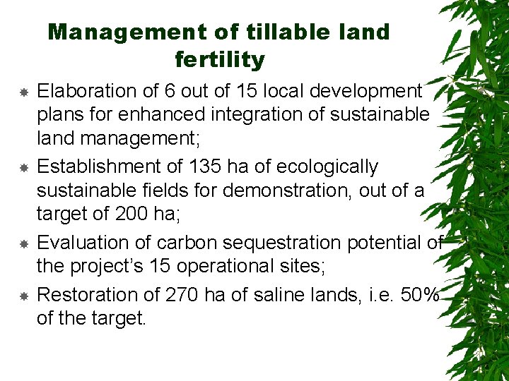 Management of tillable land fertility Elaboration of 6 out of 15 local development plans