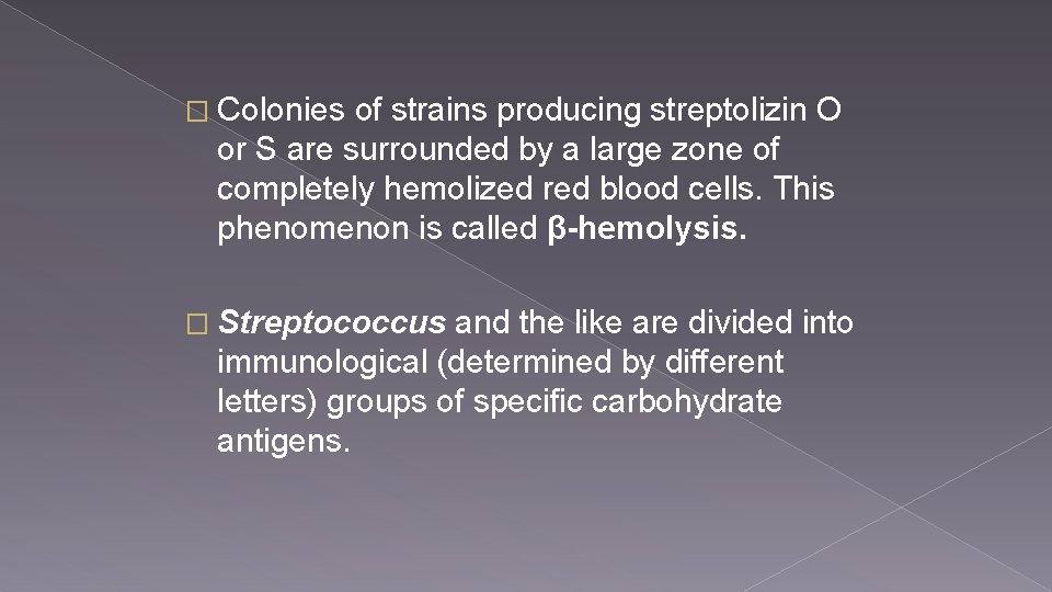 � Colonies of strains producing streptolizin O or S are surrounded by a large