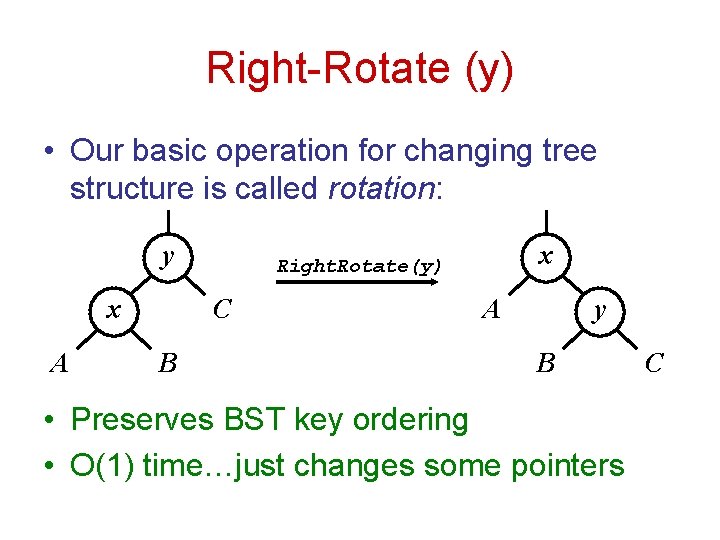 Right-Rotate (y) • Our basic operation for changing tree structure is called rotation: y