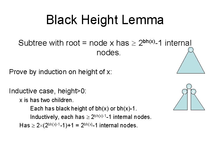 Black Height Lemma Subtree with root = node x has 2 bh(x)-1 internal x