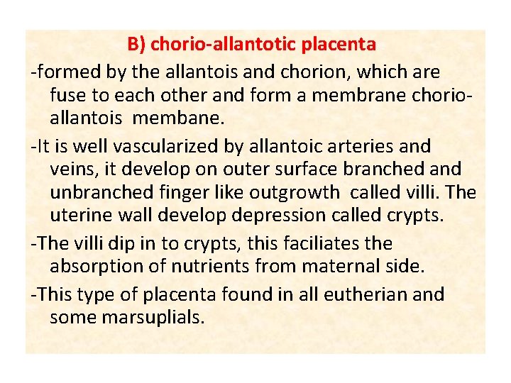 B) chorio-allantotic placenta -formed by the allantois and chorion, which are fuse to each