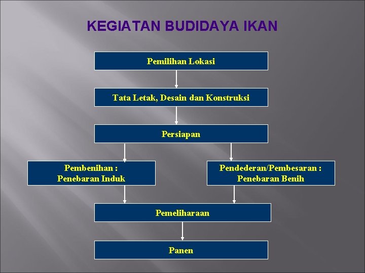 KEGIATAN BUDIDAYA IKAN Pemilihan Lokasi Tata Letak, Desain dan Konstruksi Persiapan Pembenihan : Penebaran