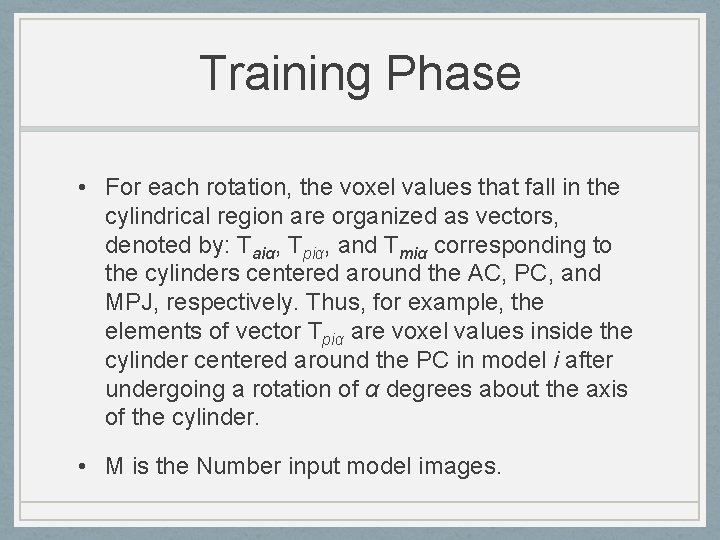 Training Phase • For each rotation, the voxel values that fall in the cylindrical
