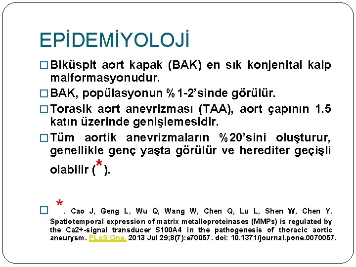 EPİDEMİYOLOJİ � Biküspit aort kapak (BAK) en sık konjenital kalp malformasyonudur. � BAK, popülasyonun