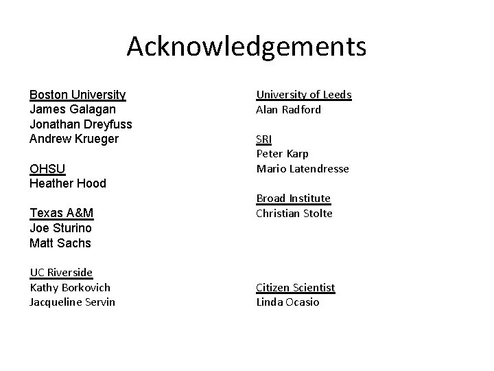 Acknowledgements Boston University James Galagan Jonathan Dreyfuss Andrew Krueger OHSU Heather Hood Texas A&M