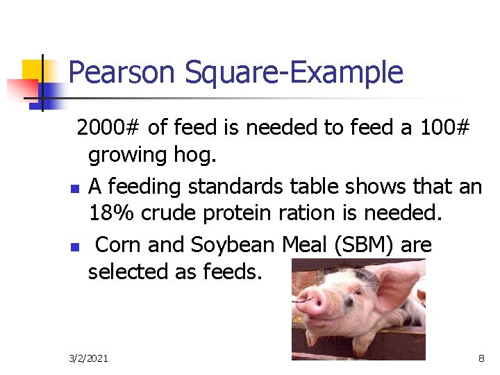 Pearson Square-Example 2000# of feed is needed to feed a 100# growing hog. n