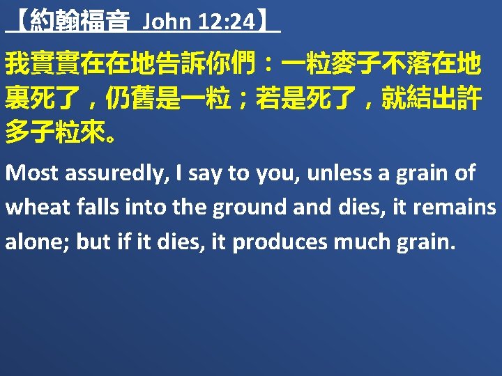 【約翰福音 John 12: 24】 我實實在在地告訴你們：一粒麥子不落在地 裏死了，仍舊是一粒；若是死了，就結出許 多子粒來。 Most assuredly, I say to you, unless