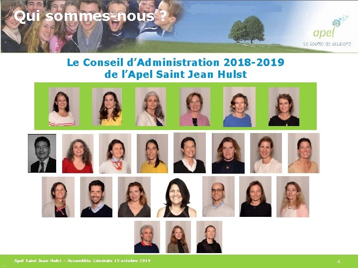 Qui sommes-nous ? Le Conseil d’Administration 2018 -2019 de l’Apel Saint Jean Hulst –